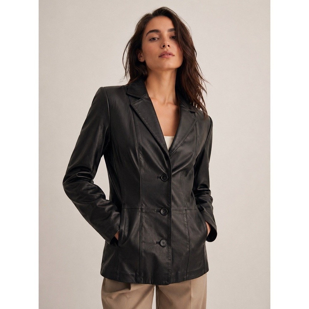 Worthington Black Genuine Leather Jacket Women Large Button‎ Classic Coat